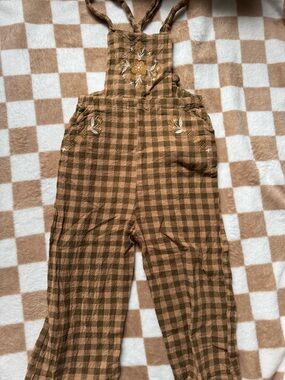 Lali Brown Plaid Embroidered Kids Overalls Romper